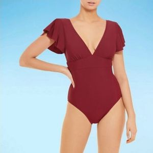 Mynah | Ruffle sleeve, deep V-neck monokini, one piece swimsuit